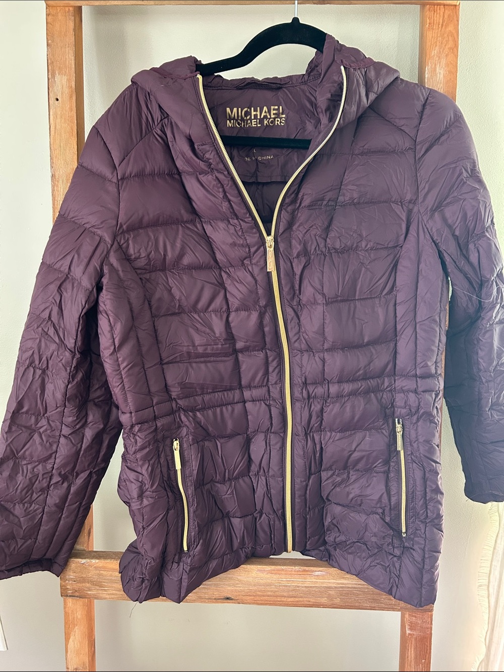 MICHAEL Michael Kors Purple Hooded Packable Puffer Jacket with Gold Zippers